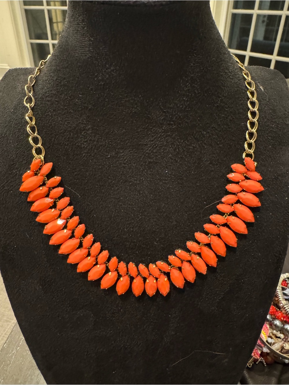 Vintage Style Orange Coral Color Marquise Statement Necklace Gold Tone